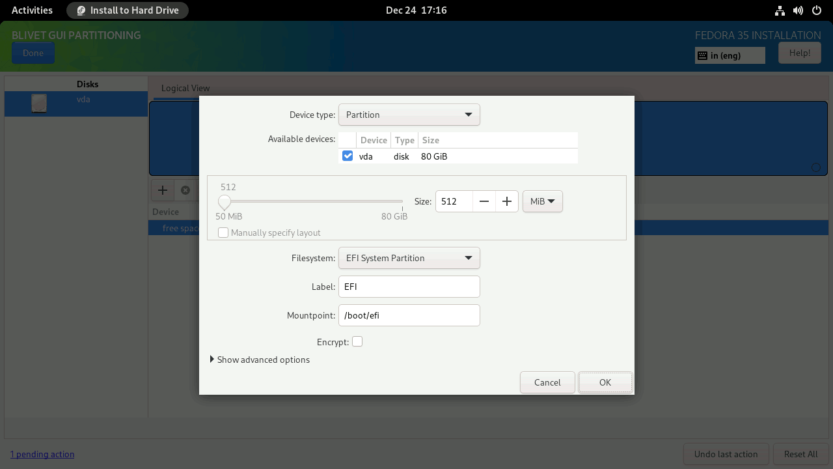 Fedora LUKS With FDE And Snapper With Rollback Blivet Efi Partition