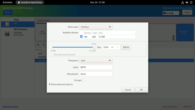 Fedora LUKS With FDE And Snapper With Rollback Blivet Boot Partition
