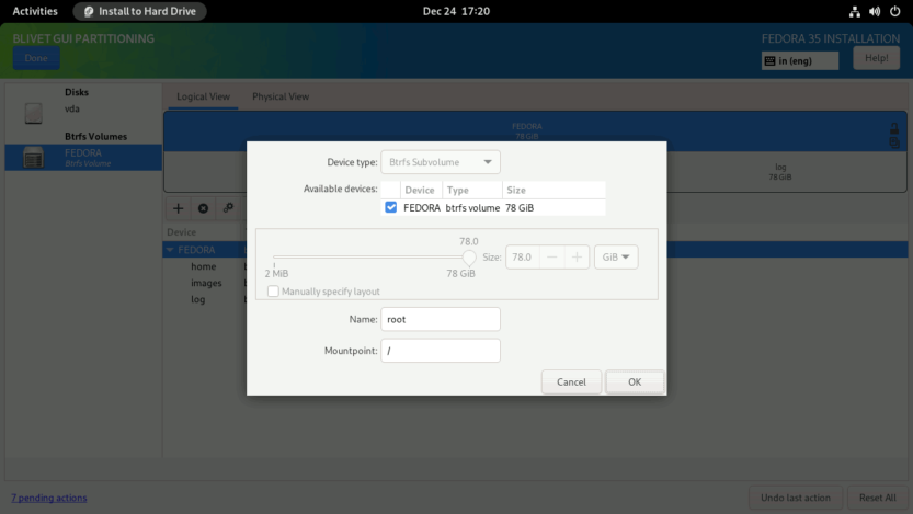 Fedora LUKS With FDE And Snapper With Rollback Blivet Subvolume Root
