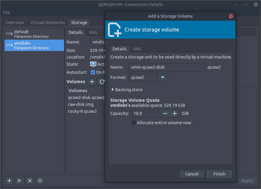 Create and Manage Storage Pools and Volumes in KVM New Storage Volume