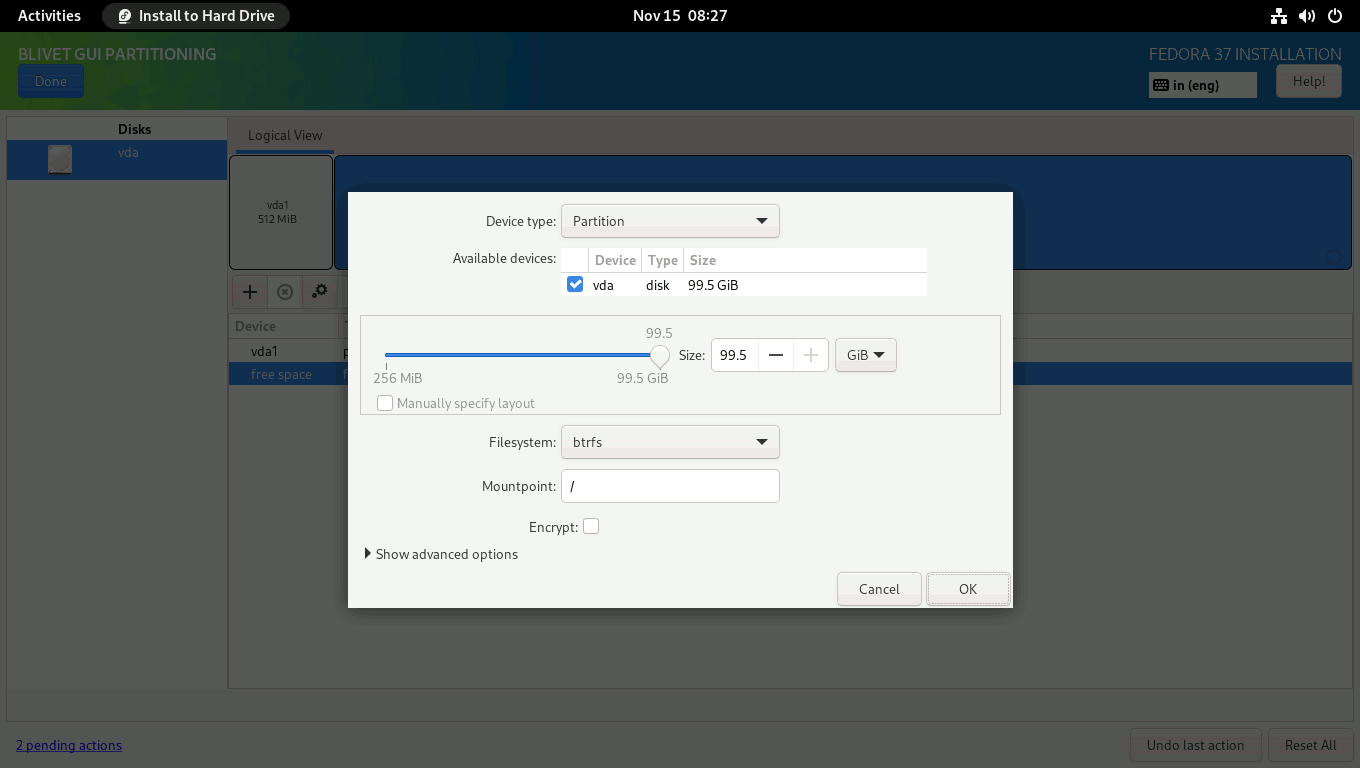 Install Fedora 37 with Snapper and Grub-Btrfs Blivet BTRFS