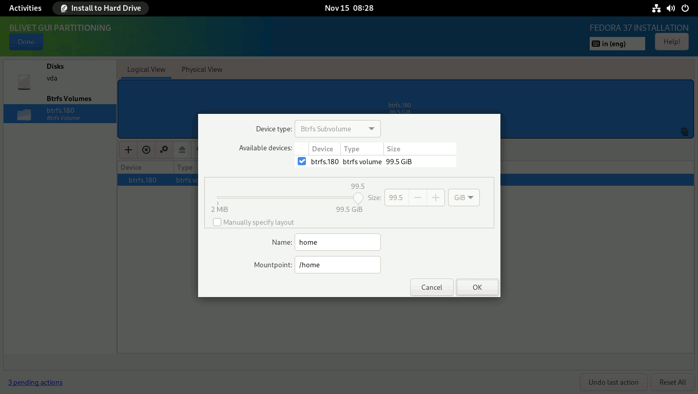 Install Fedora 37 with Snapper and Grub-Btrfs Blivet Home