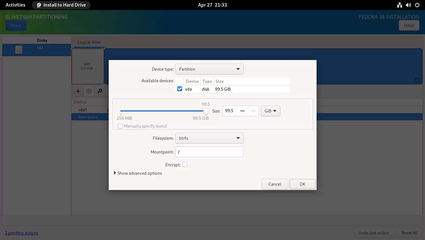 How to Install Fedora 38 with Snapshot and Rollback Support Btrfs root Partition