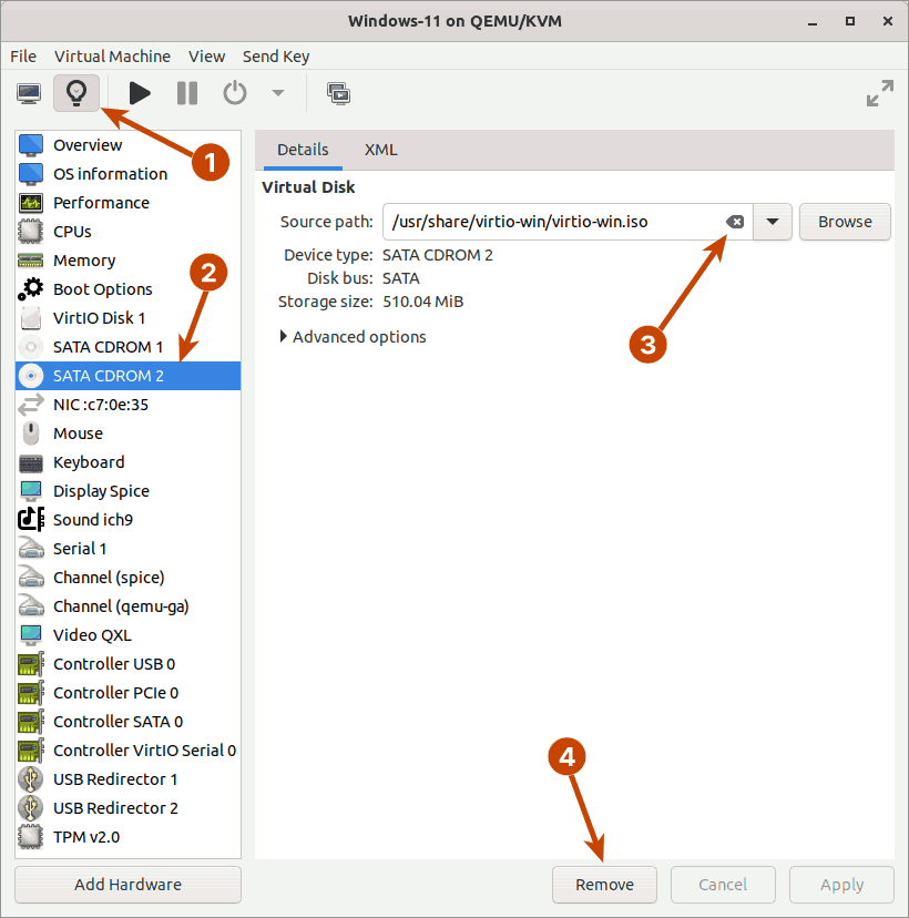 How to Properly Install a Windows 11 Virtual Machine on KVM - Remove CDROM 2