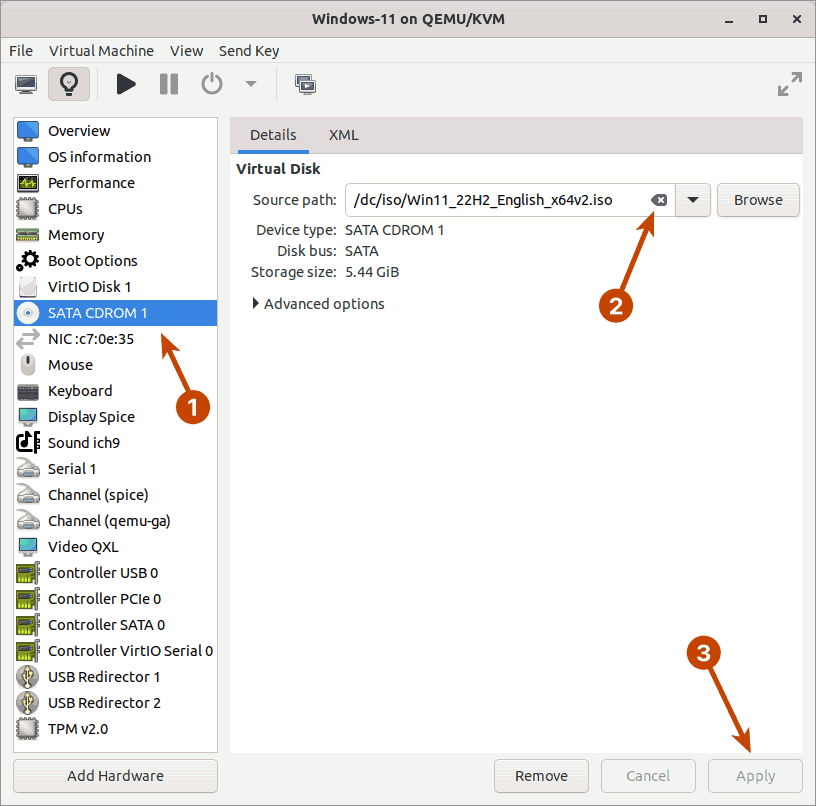 How to Properly Install a Windows 11 Virtual Machine on KVM - Unmount ISO