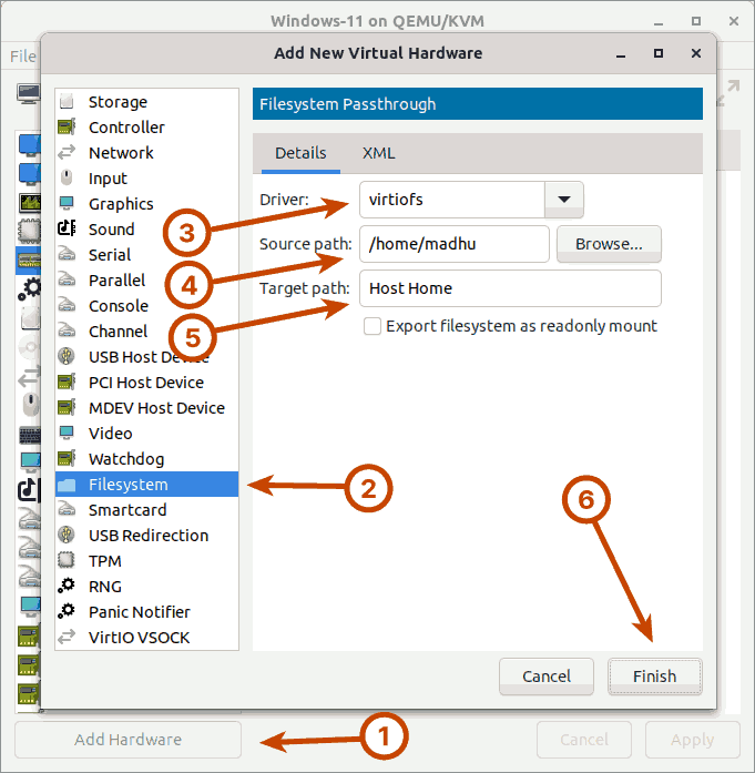 Share Files Between the KVM Host and Windows Guest Using Virtiofs - VMM Add Filesystem