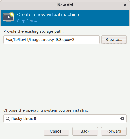 Create Virtual Machines in KVM Virt-Manager - Wizard Step 2 Existing Disk