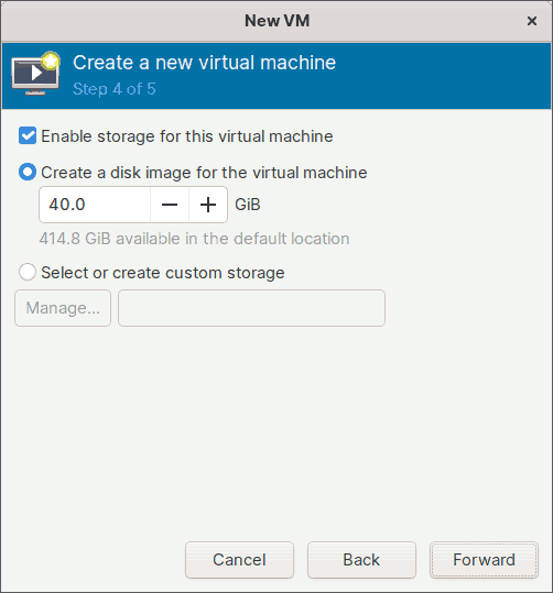 Create Virtual Machines in KVM Virt-Manager - Wizard Step 4 Storage