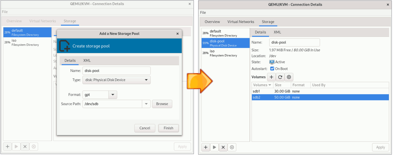 Create Virtual Machines in KVM Virt-Manager - Wizard Step 4 Storage Disk Partition