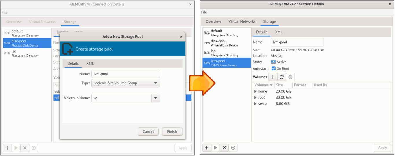 Create Virtual Machines in KVM Virt-Manager - Wizard Step 4 Storage LVM