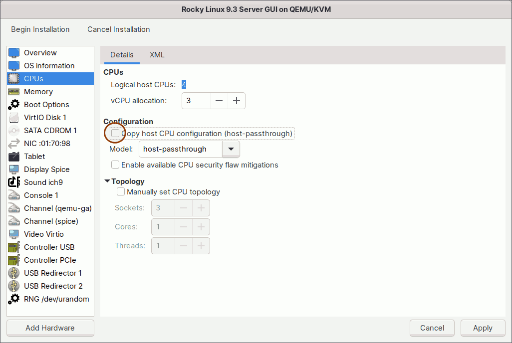 Create Virtual Machines in KVM Virt-Manager - CPU Model