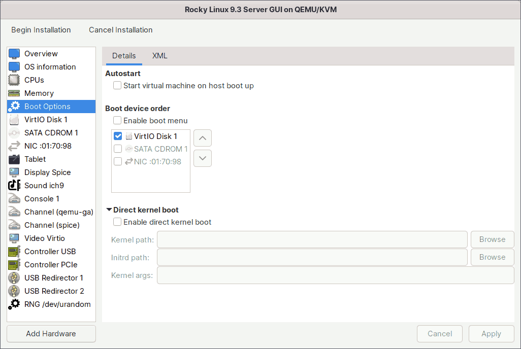 Create Virtual Machines in KVM Virt-Manager - Boot Options