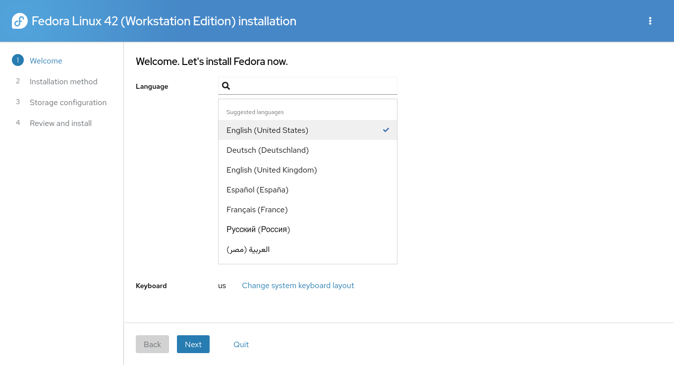 Install Fedora 42 with Full Disk Encryption Snapshot and Rollback Support - Welcome Screen