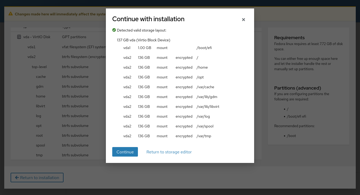 Install Fedora 42 with Full Disk Encryption Snapshot and Rollback Support - Valid Subvolumes